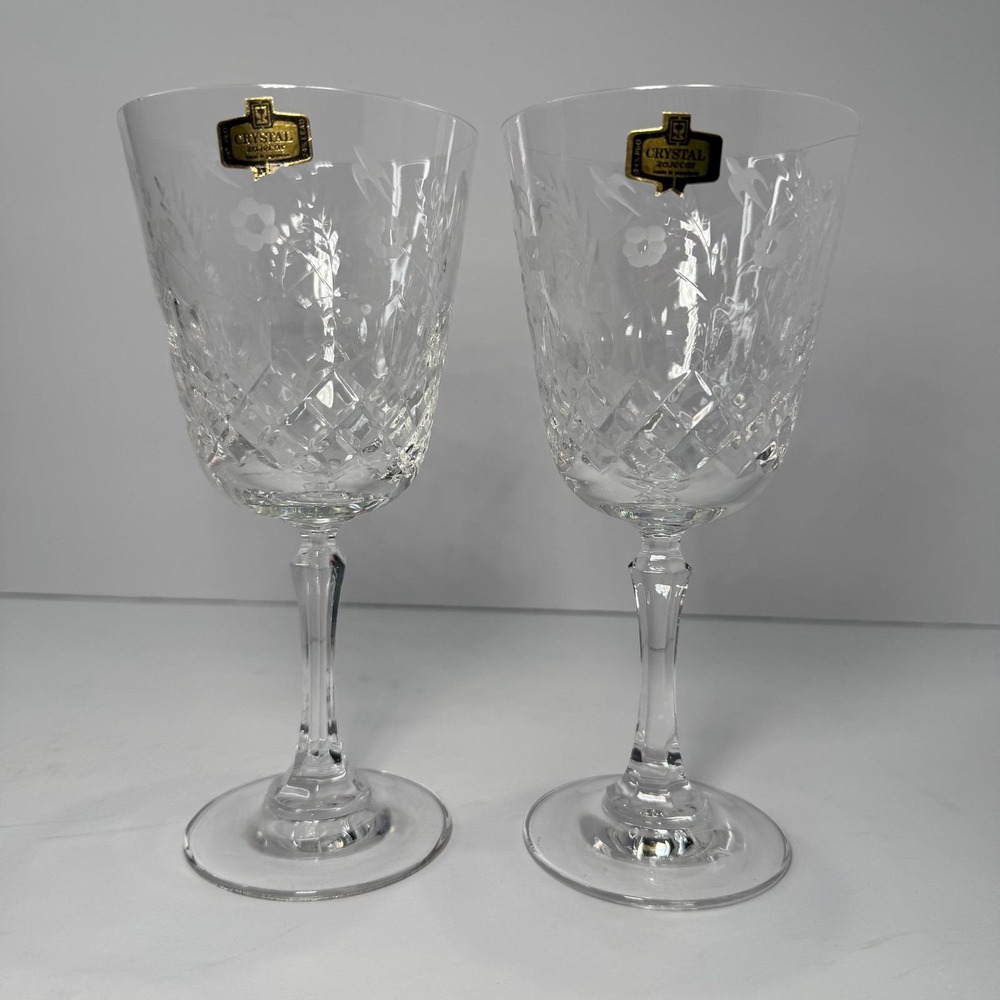 Crystal Zajecar Wine Glasses Goblets Nobility Pattern Set of 2 NWOT Vintage New